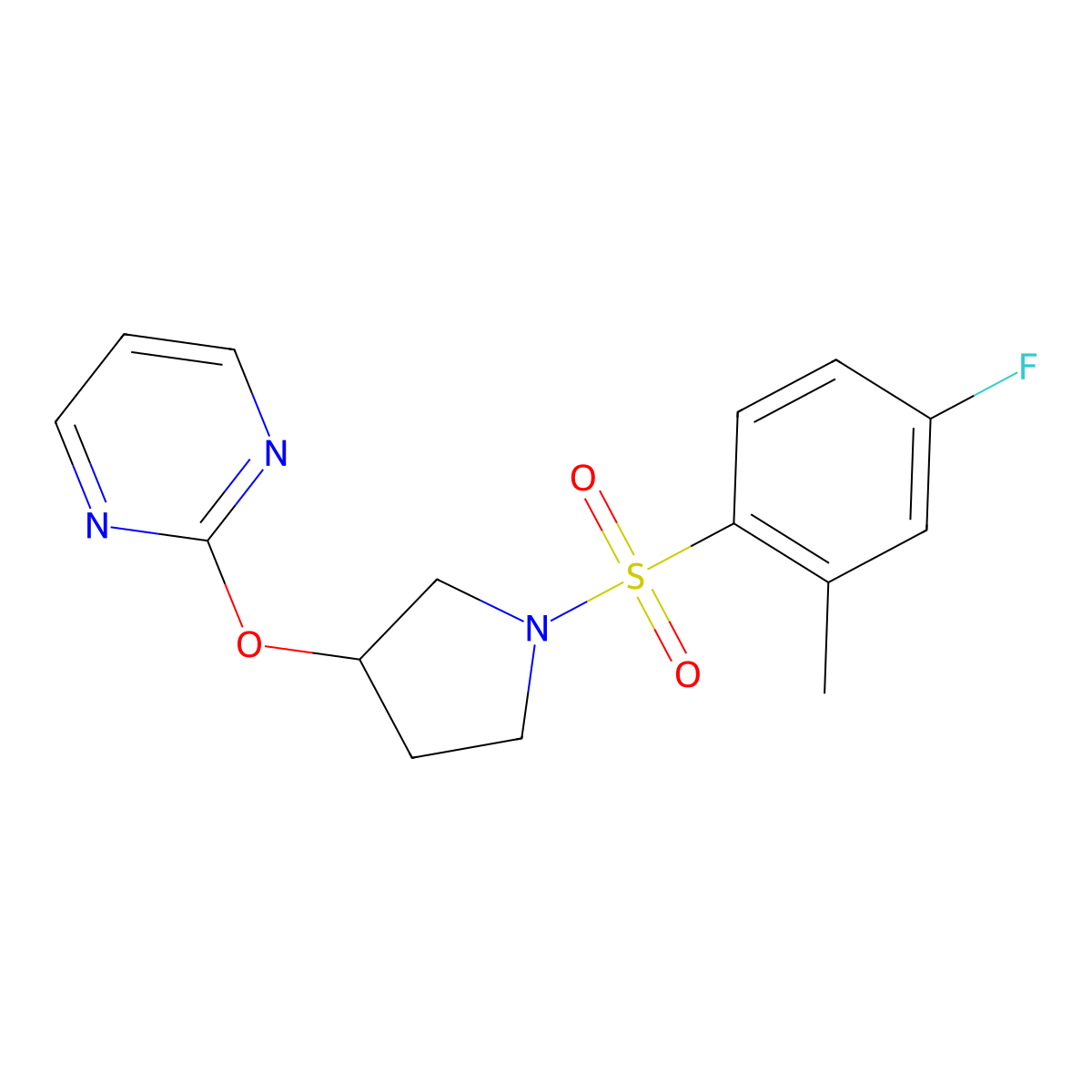 2-((1-((4-Fluoro-2-methylphenyl)sulfonyl)pyrrolidin-3-yl)oxy)pyrimidine molecular structure, CAS 2034302-49-1