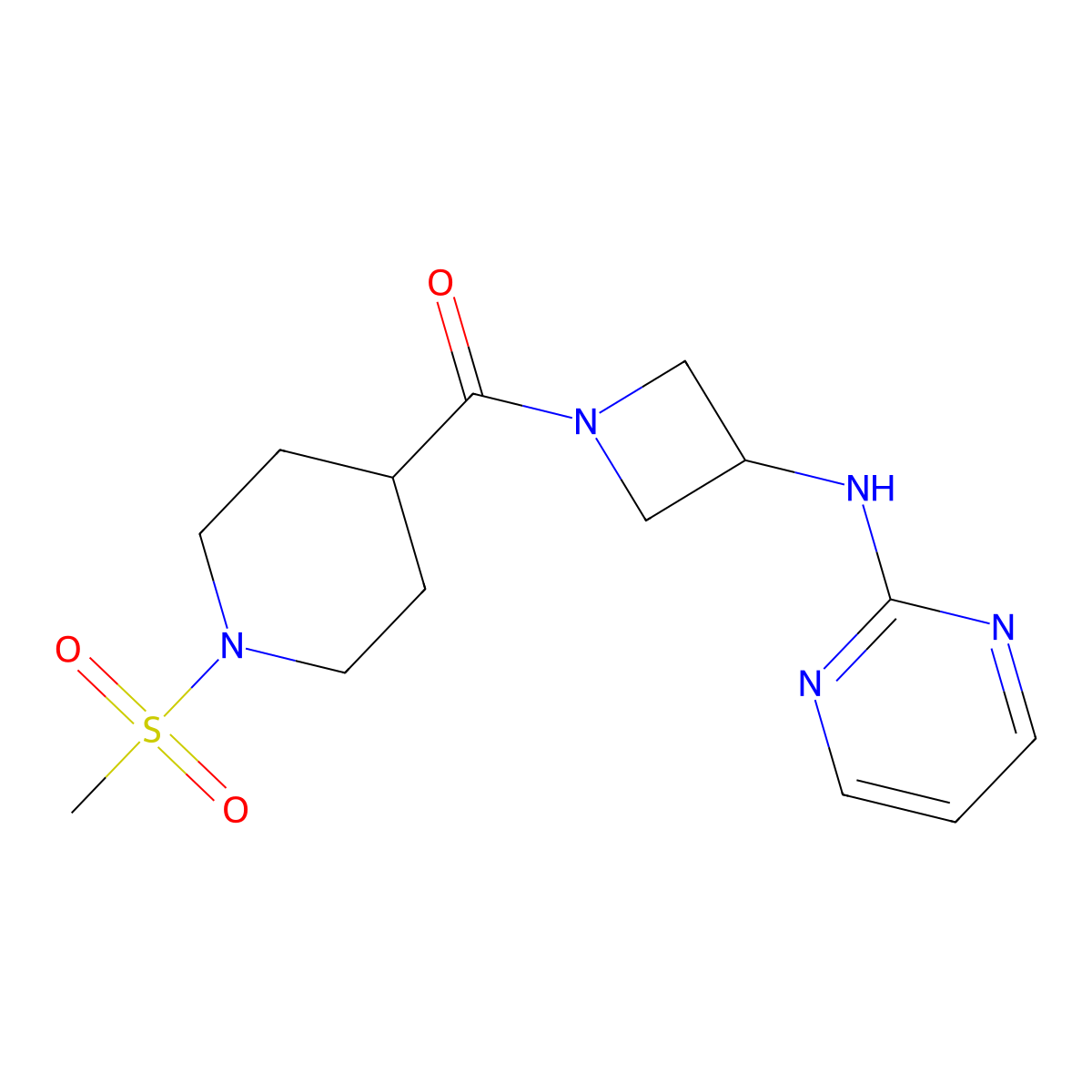 (1-(Methylsulfonyl)piperidin-4-yl)(3-(pyrimidin-2-ylamino)azetidin-1-yl)methanone molecular structure, CAS 2034302-57-1