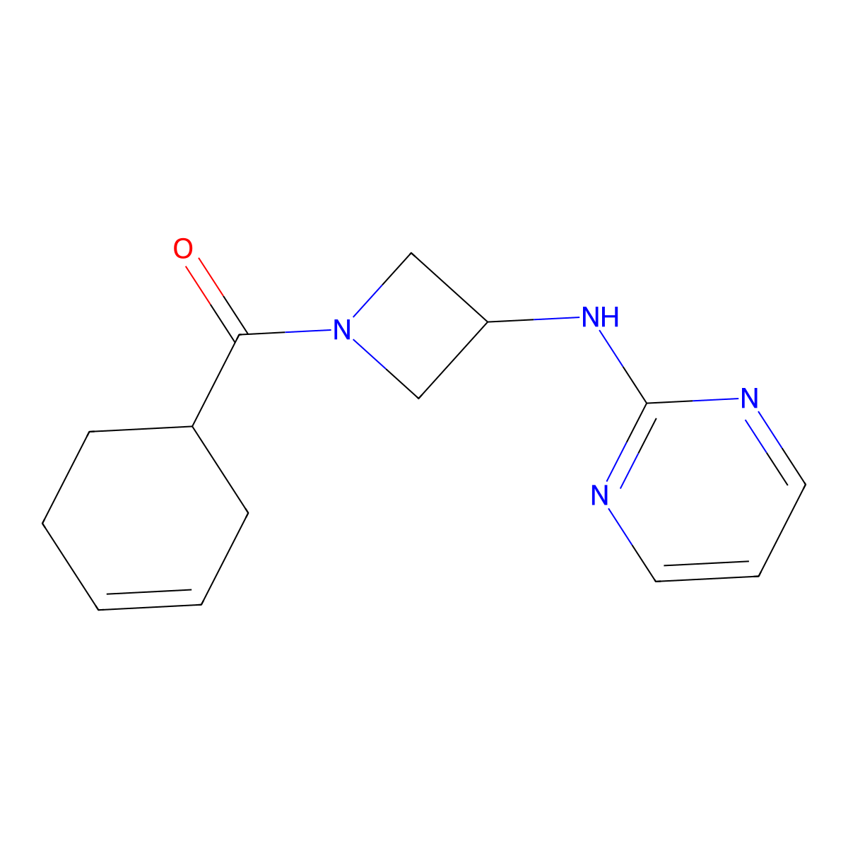 Cyclohex-3-en-1-yl(3-(pyrimidin-2-ylamino)azetidin-1-yl)methanone molecular structure, CAS 2034302-65-1