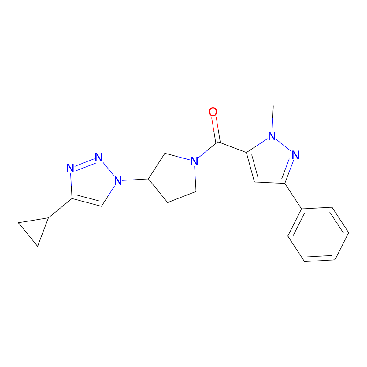 (3-(4-cyclopropyl-1H-1,2,3-triazol-1-yl)pyrrolidin-1-yl)(1-methyl-3-phenyl-1H-pyrazol-5-yl)methanone molecular structure, CAS 2034302-71-9