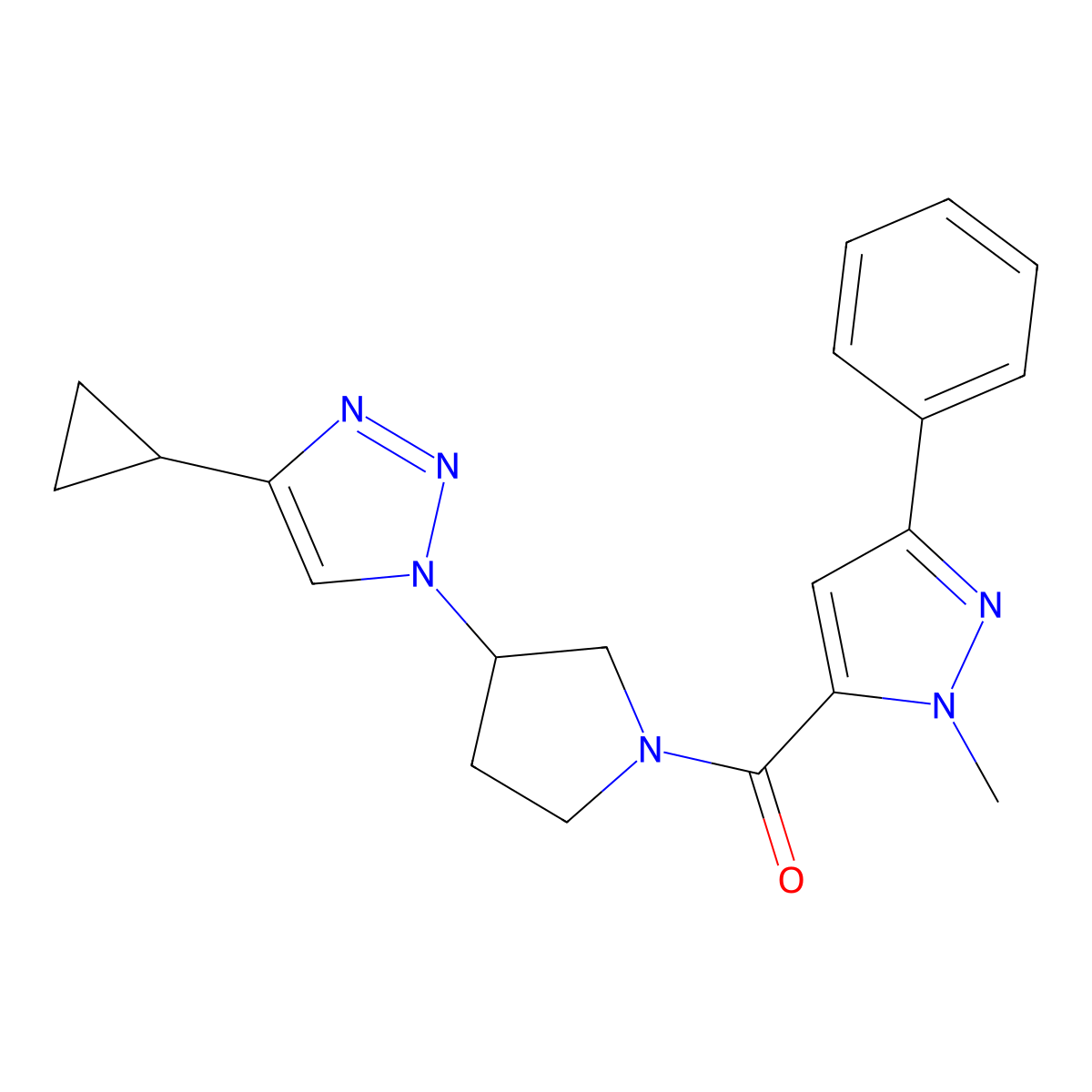 (3-(4-cyclopropyl-1H-1,2,3-triazol-1-yl)pyrrolidin-1-yl)(1-methyl-3-phenyl-1H-pyrazol-5-yl)methanone molecular structure, CAS 2034302-71-9