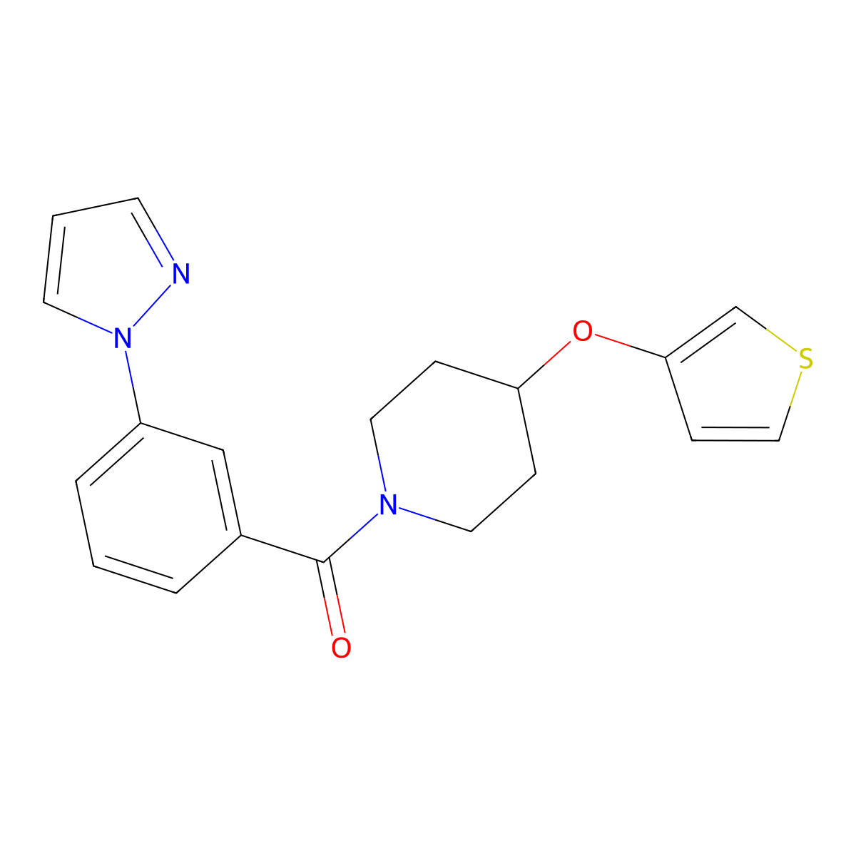 (3-(1H-pyrazol-1-yl)phenyl)(4-(thiophen-3-yloxy)piperidin-1-yl)methanone molecular structure, CAS 2034302-78-6