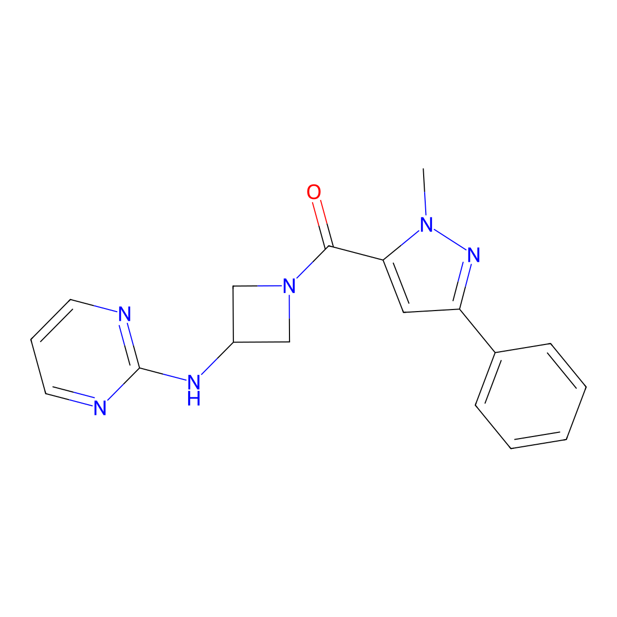 (1-methyl-3-phenyl-1H-pyrazol-5-yl)(3-(pyrimidin-2-ylamino)azetidin-1-yl)methanone molecular structure, CAS 2034302-79-7