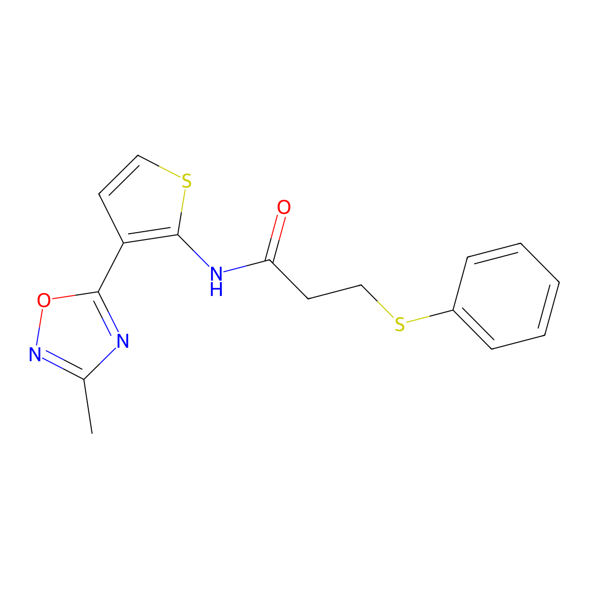 N-(3-(3-methyl-1,2,4-oxadiazol-5-yl)thiophen-2-yl)-3-(phenylthio)propanamide molecular structure, CAS 2034302-82-2