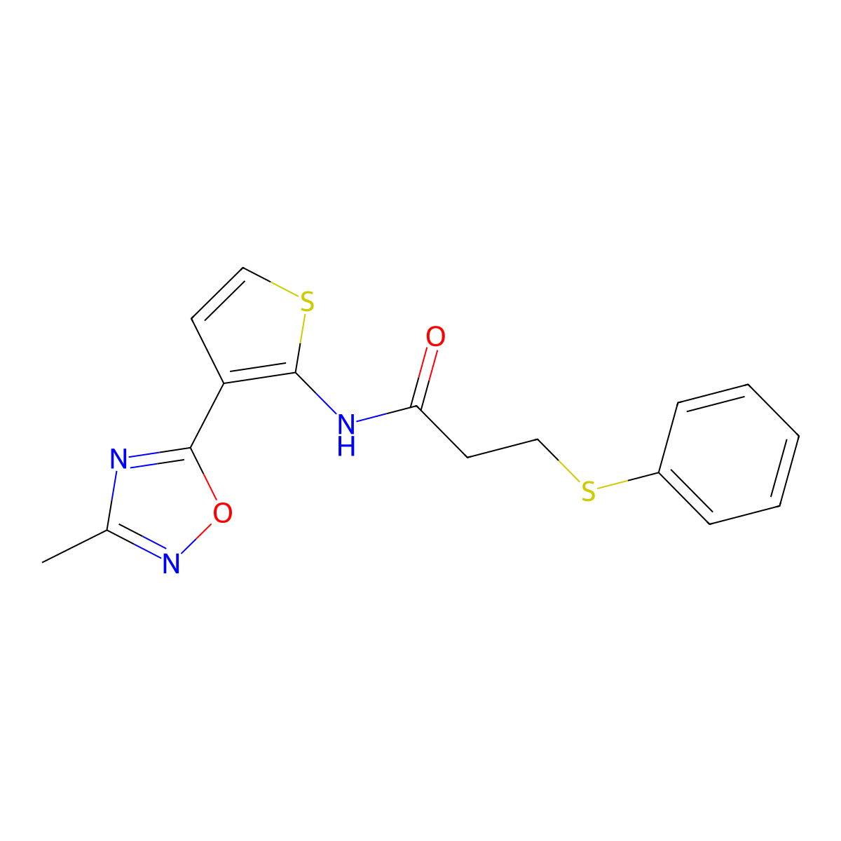 N-(3-(3-methyl-1,2,4-oxadiazol-5-yl)thiophen-2-yl)-3-(phenylthio)propanamide molecular structure, CAS 2034302-82-2