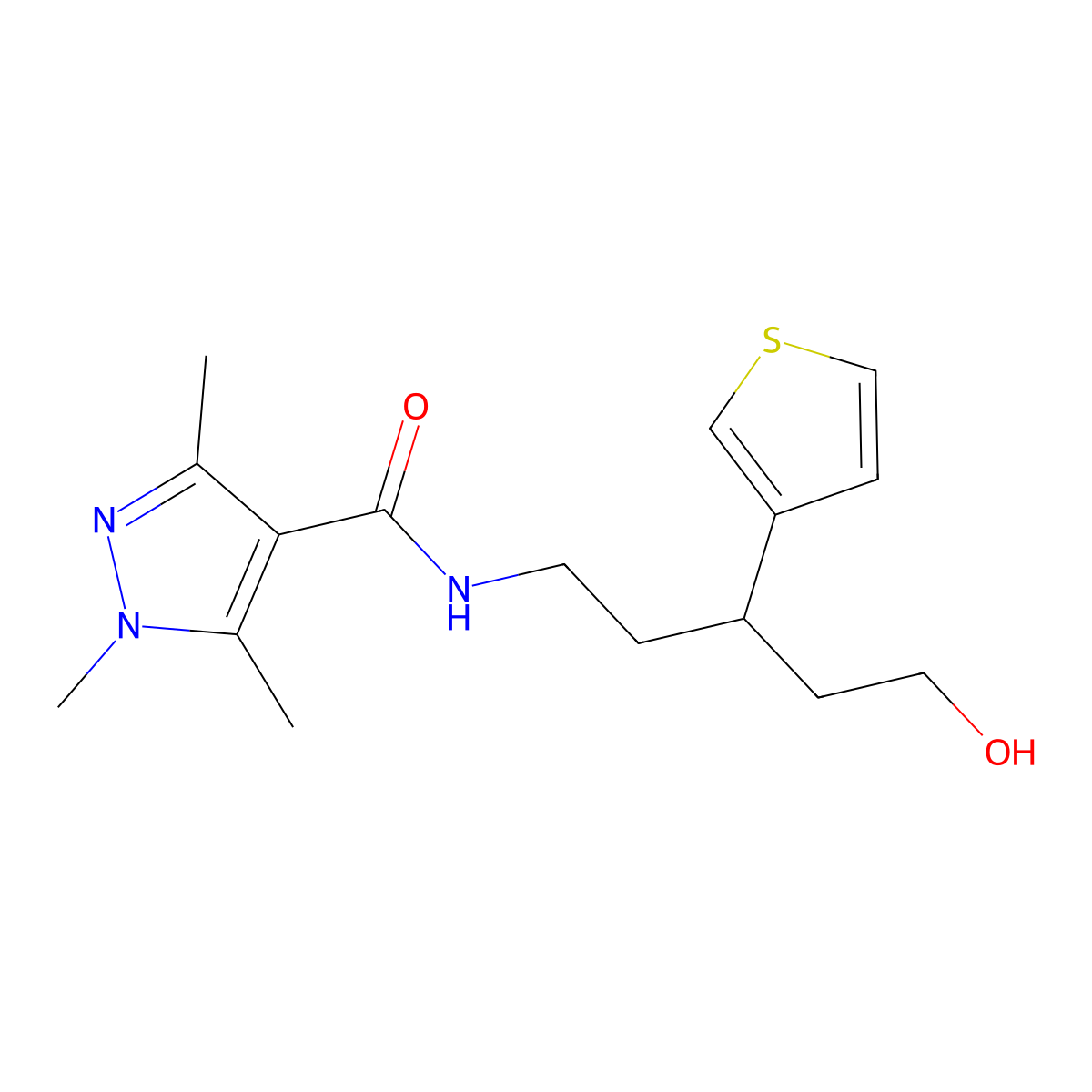 N-(5-hydroxy-3-(thiophen-3-yl)pentyl)-1,3,5-trimethyl-1H-pyrazole-4-carboxamide molecular structure, CAS 2034302-87-7