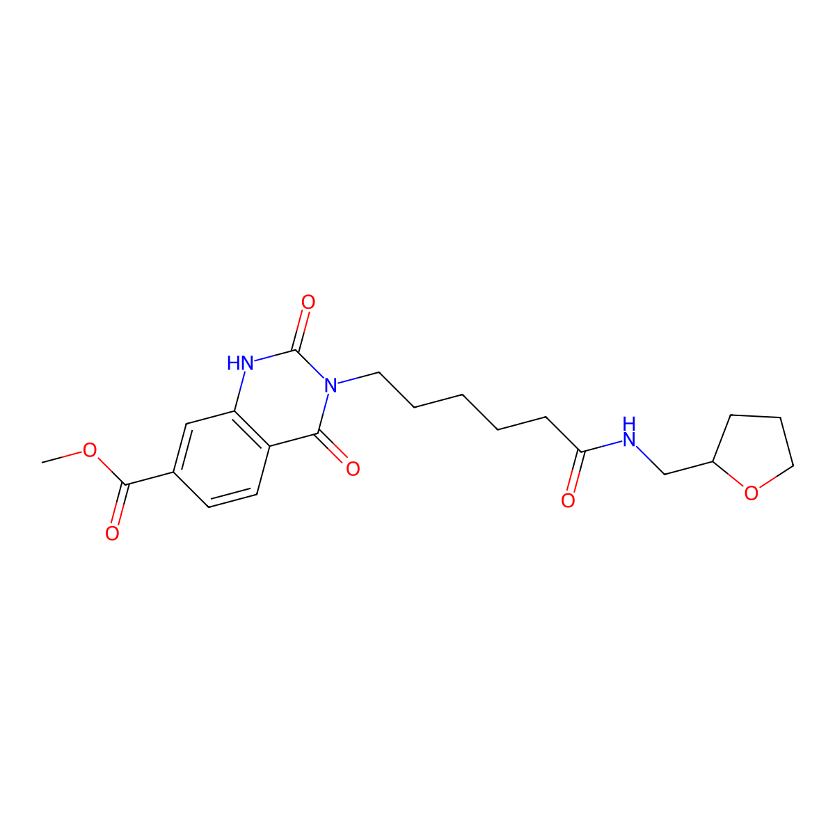 Methyl 2,4-dioxo-3-(6-oxo-6-(((tetrahydrofuran-2-yl)methyl)amino)hexyl)-1,2,3,4-tetrahydroquinazoline-7-carboxylate molecular structure, CAS 2034302-95-7