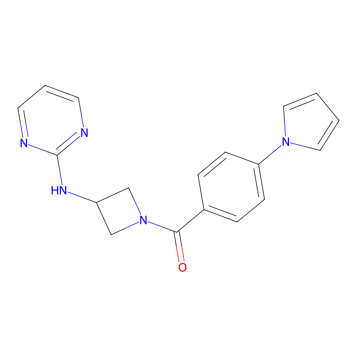 (4-(1H-pyrrol-1-yl)phenyl)(3-(pyrimidin-2-ylamino)azetidin-1-yl)methanone molecular structure, CAS 2034302-97-9