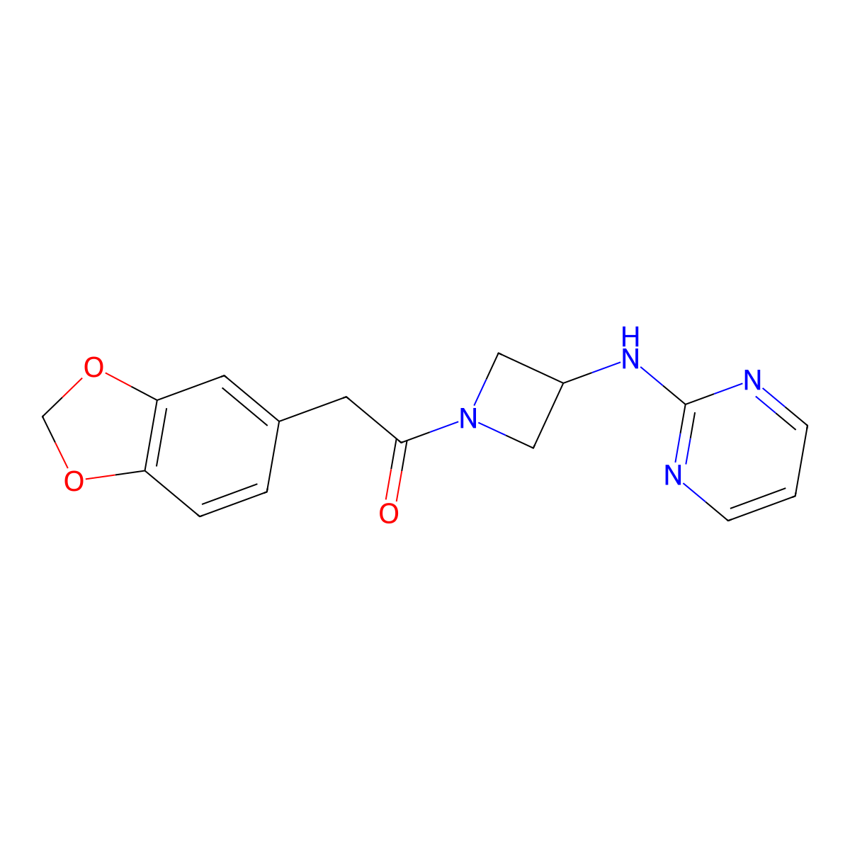 2-(Benzo[d][1,3]dioxol-5-yl)-1-(3-(pyrimidin-2-ylamino)azetidin-1-yl)ethanone molecular structure, CAS 2034303-21-2