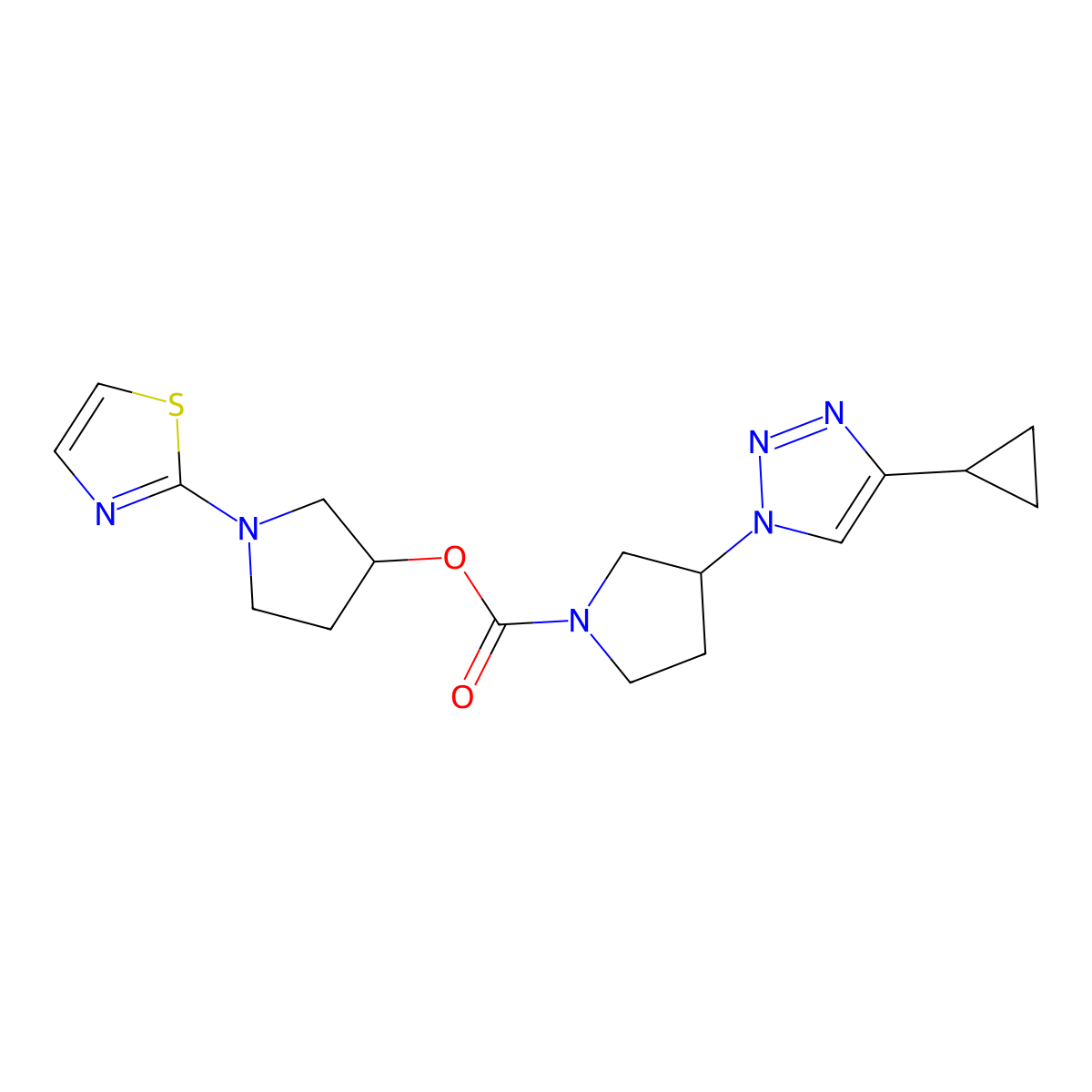 1-(thiazol-2-yl)pyrrolidin-3-yl 3-(4-cyclopropyl-1H-1,2,3-triazol-1-yl)pyrrolidine-1-carboxylate molecular structure, CAS 2034303-28-9