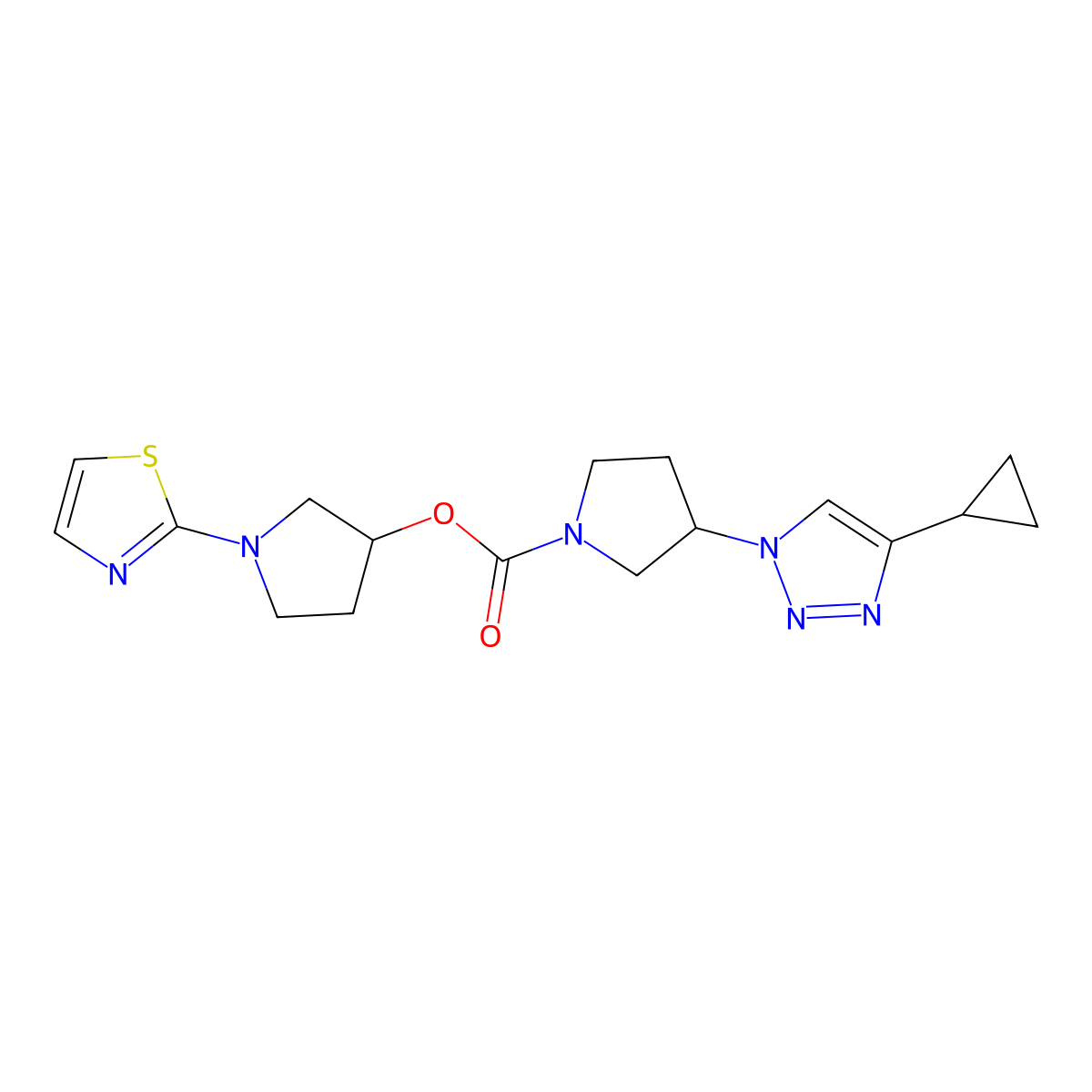 1-(thiazol-2-yl)pyrrolidin-3-yl 3-(4-cyclopropyl-1H-1,2,3-triazol-1-yl)pyrrolidine-1-carboxylate molecular structure, CAS 2034303-28-9