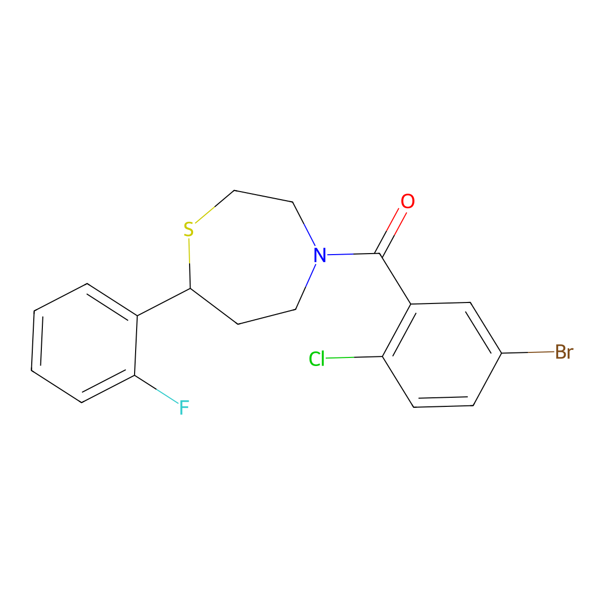 (5-Bromo-2-chlorophenyl)(7-(2-fluorophenyl)-1,4-thiazepan-4-yl)methanone molecular structure, CAS 2034303-49-4