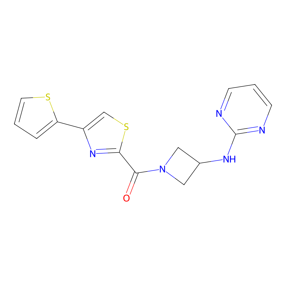(3-(Pyrimidin-2-ylamino)azetidin-1-yl)(4-(thiophen-2-yl)thiazol-2-yl)methanone molecular structure, CAS 2034303-55-2