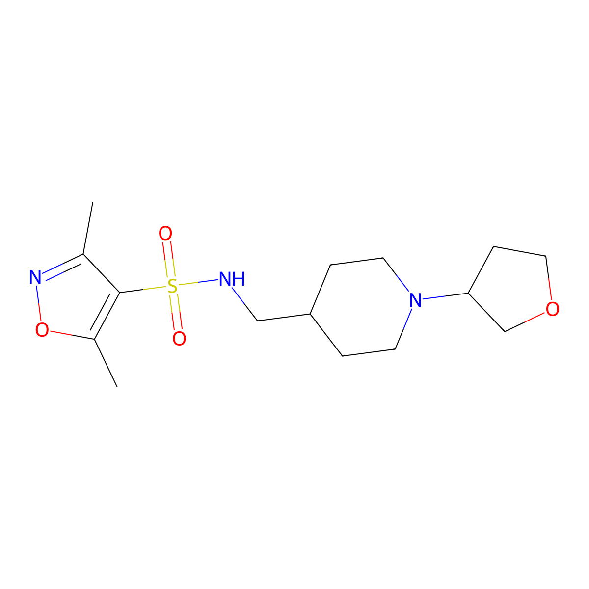 3,5-dimethyl-N-((1-(tetrahydrofuran-3-yl)piperidin-4-yl)methyl)isoxazole-4-sulfonamide molecular structure, CAS 2034303-59-6