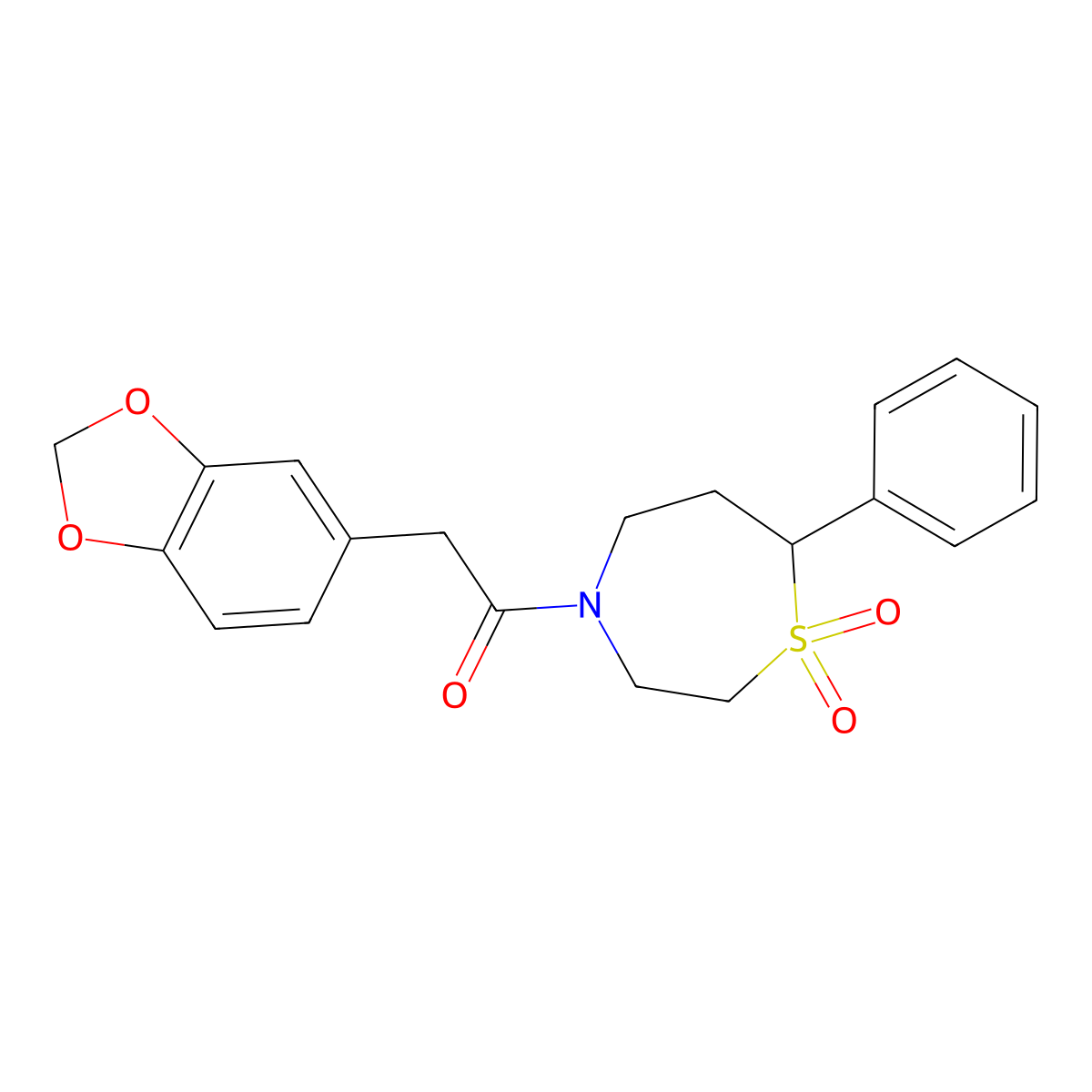 2-(Benzo[d][1,3]dioxol-5-yl)-1-(1,1-dioxido-7-phenyl-1,4-thiazepan-4-yl)ethanone molecular structure, CAS 2034303-67-6