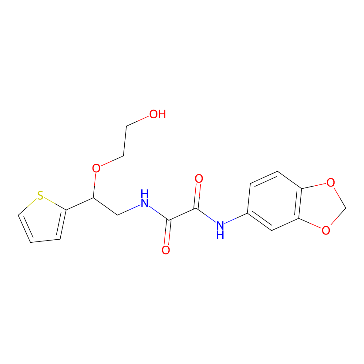 N1-(benzo[d][1,3]dioxol-5-yl)-N2-(2-(2-hydroxyethoxy)-2-(thiophen-2-yl)ethyl)oxalamide molecular structure, CAS 2034303-79-0