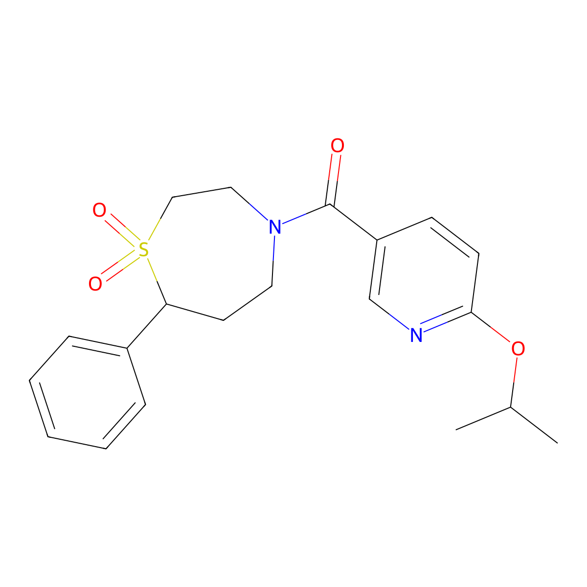 (1,1-Dioxido-7-phenyl-1,4-thiazepan-4-yl)(6-isopropoxypyridin-3-yl)methanone molecular structure, CAS 2034303-94-9