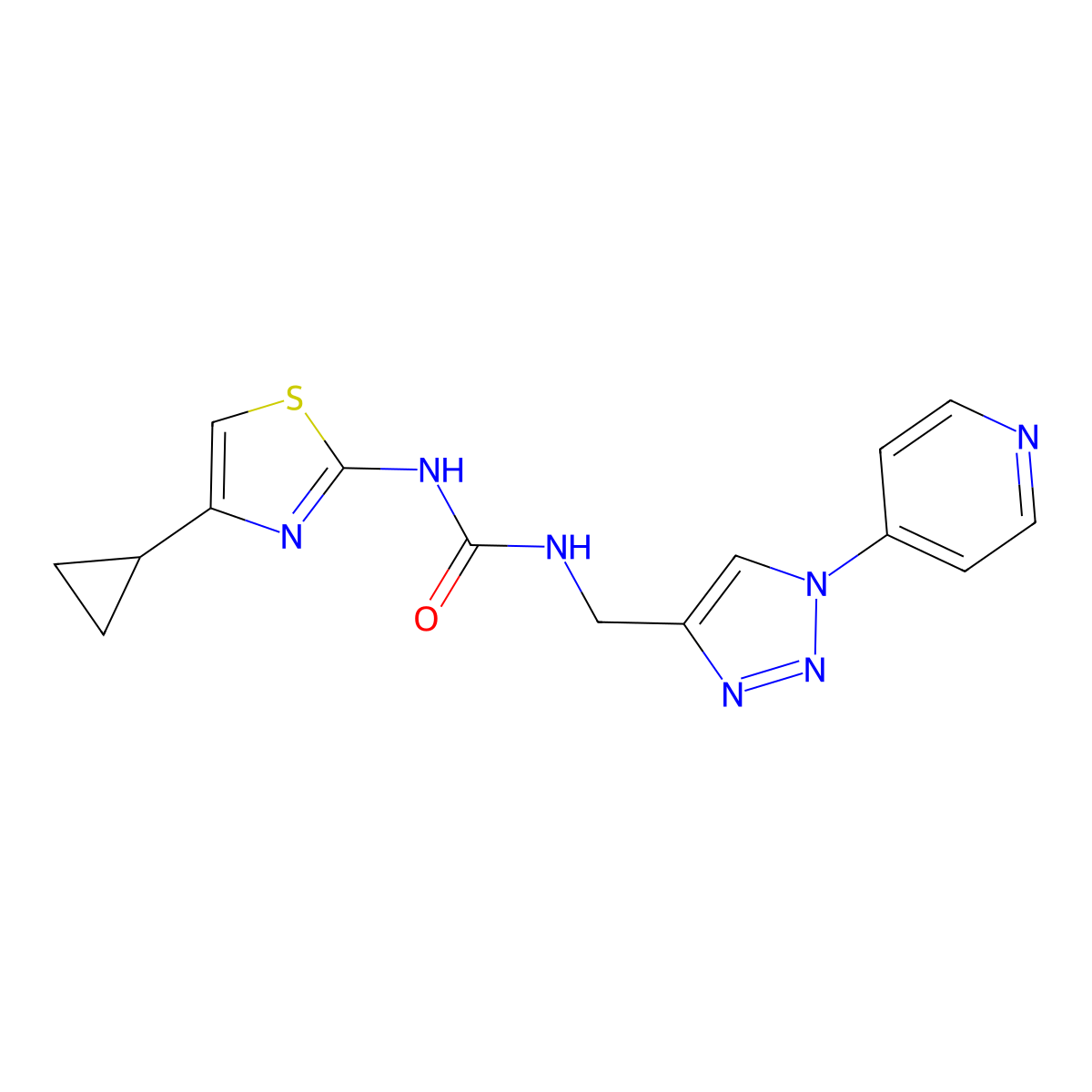 1-(4-cyclopropylthiazol-2-yl)-3-((1-(pyridin-4-yl)-1H-1,2,3-triazol-4-yl)methyl)urea molecular structure, CAS 2034304-08-8