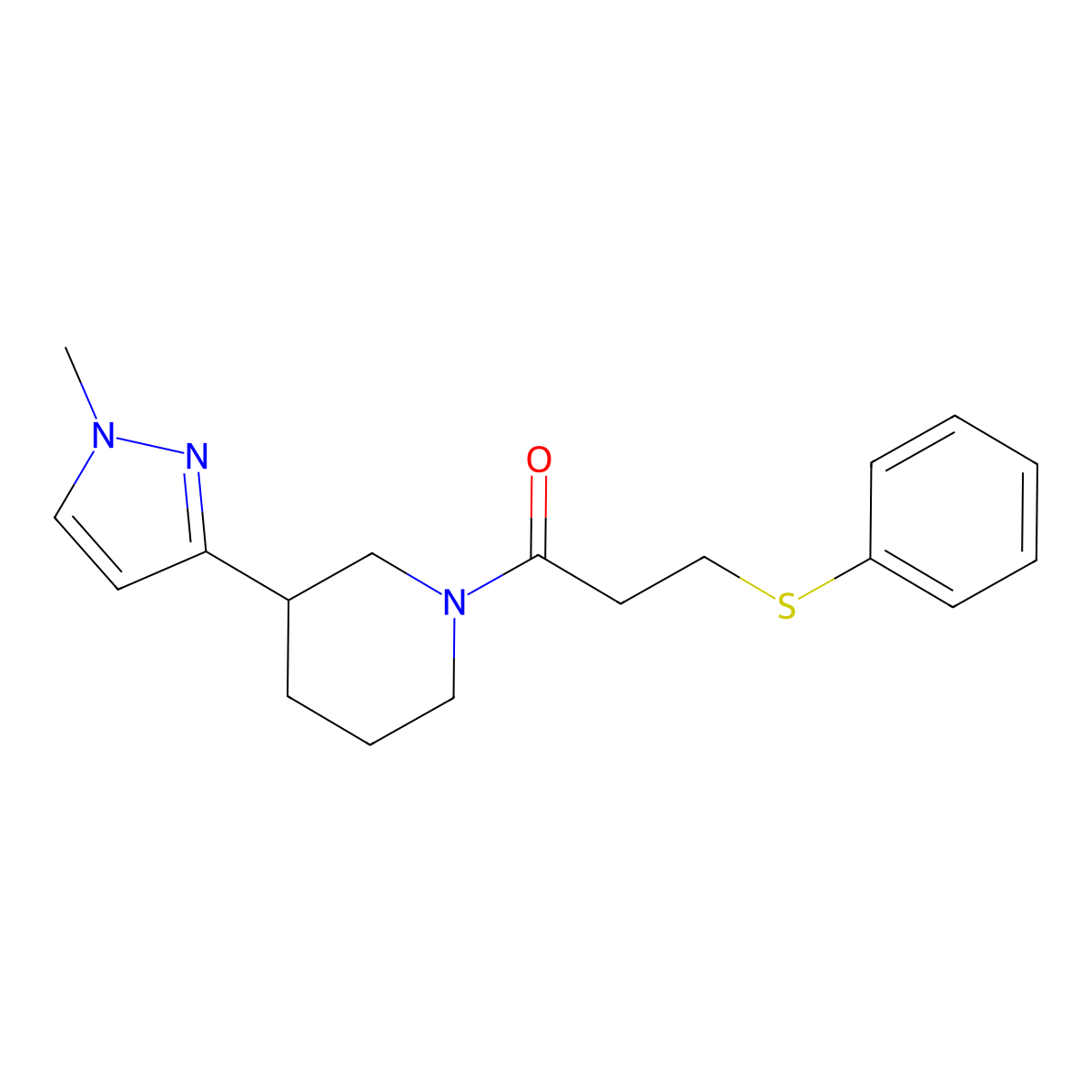 1-(3-(1-methyl-1H-pyrazol-3-yl)piperidin-1-yl)-3-(phenylthio)propan-1-one molecular structure, CAS 2034304-33-9