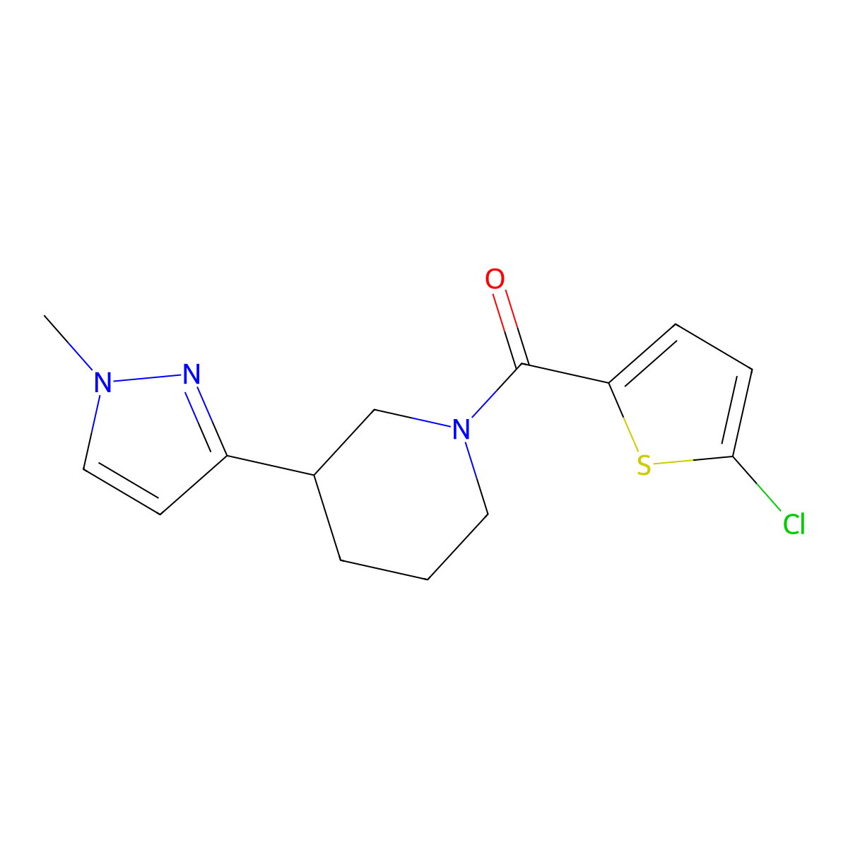 (5-chlorothiophen-2-yl)(3-(1-methyl-1H-pyrazol-3-yl)piperidin-1-yl)methanone molecular structure, CAS 2034304-43-1