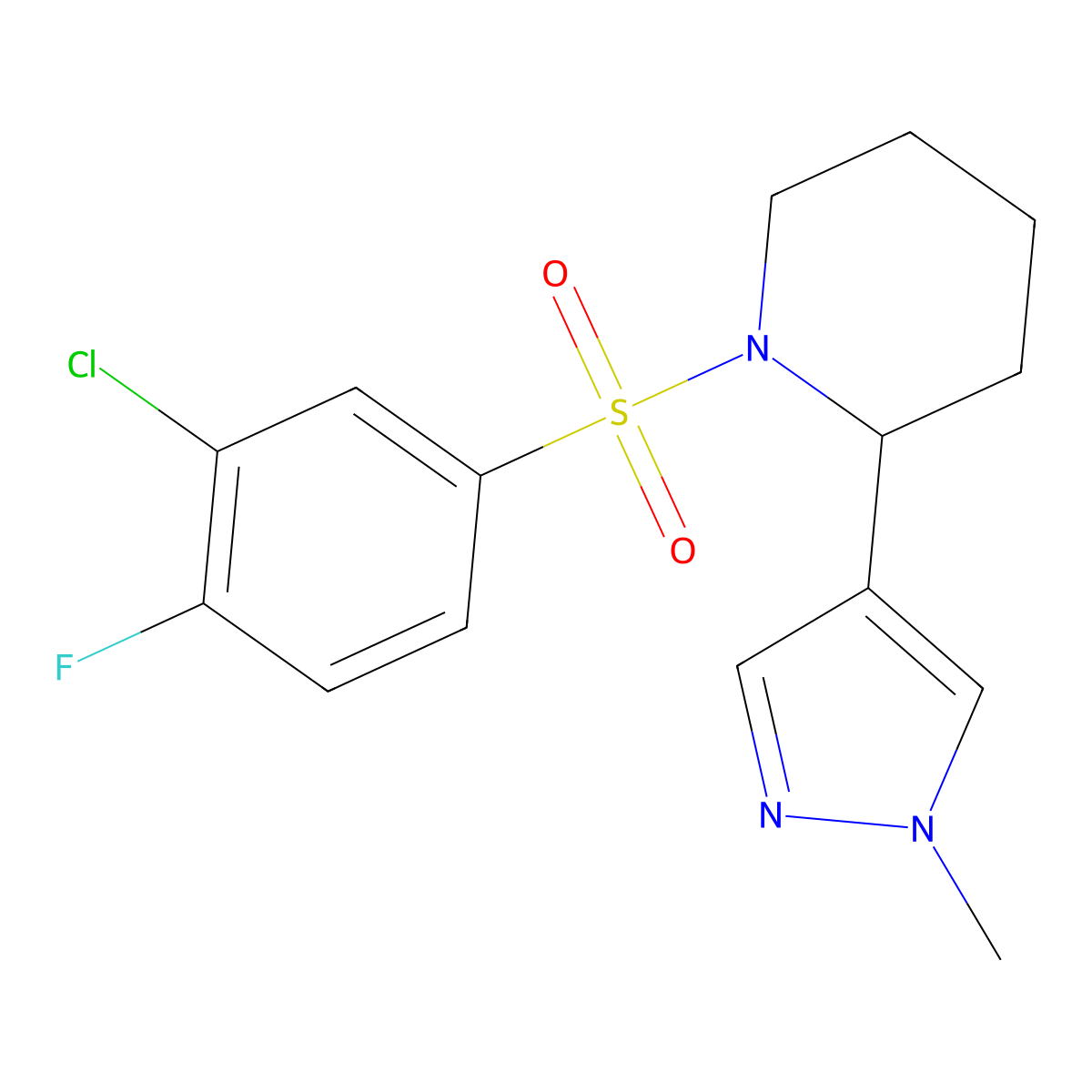 1-((3-chloro-4-fluorophenyl)sulfonyl)-2-(1-methyl-1H-pyrazol-4-yl)piperidine molecular structure, CAS 2034304-44-2