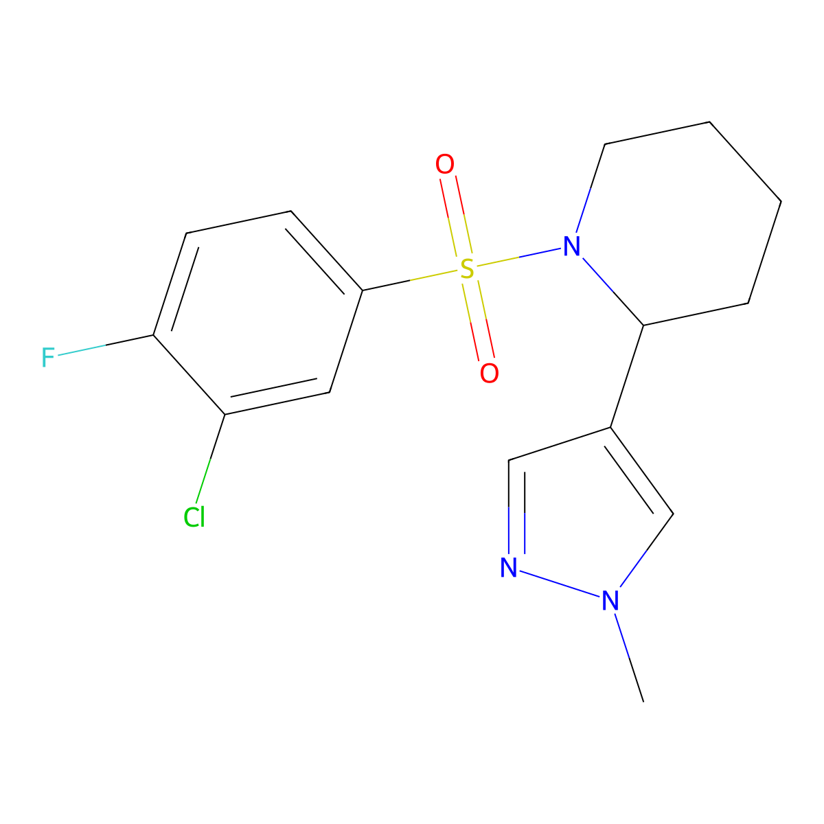 1-((3-chloro-4-fluorophenyl)sulfonyl)-2-(1-methyl-1H-pyrazol-4-yl)piperidine molecular structure, CAS 2034304-44-2