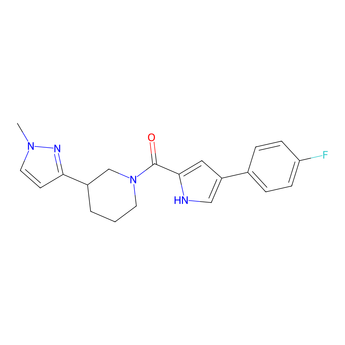 (4-(4-fluorophenyl)-1H-pyrrol-2-yl)(3-(1-methyl-1H-pyrazol-3-yl)piperidin-1-yl)methanone molecular structure, CAS 2034304-49-7