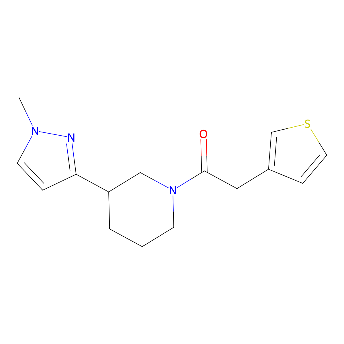 1-(3-(1-methyl-1H-pyrazol-3-yl)piperidin-1-yl)-2-(thiophen-3-yl)ethanone molecular structure, CAS 2034304-70-4
