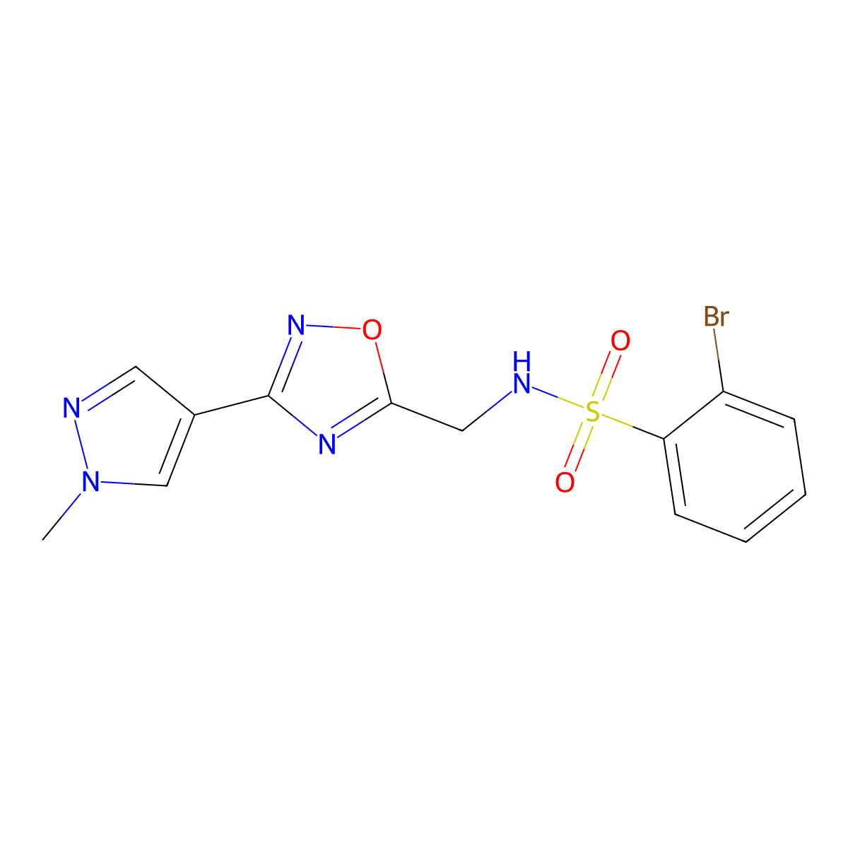 2-bromo-N-((3-(1-methyl-1H-pyrazol-4-yl)-1,2,4-oxadiazol-5-yl)methyl)benzenesulfonamide molecular structure, CAS 2034304-76-0