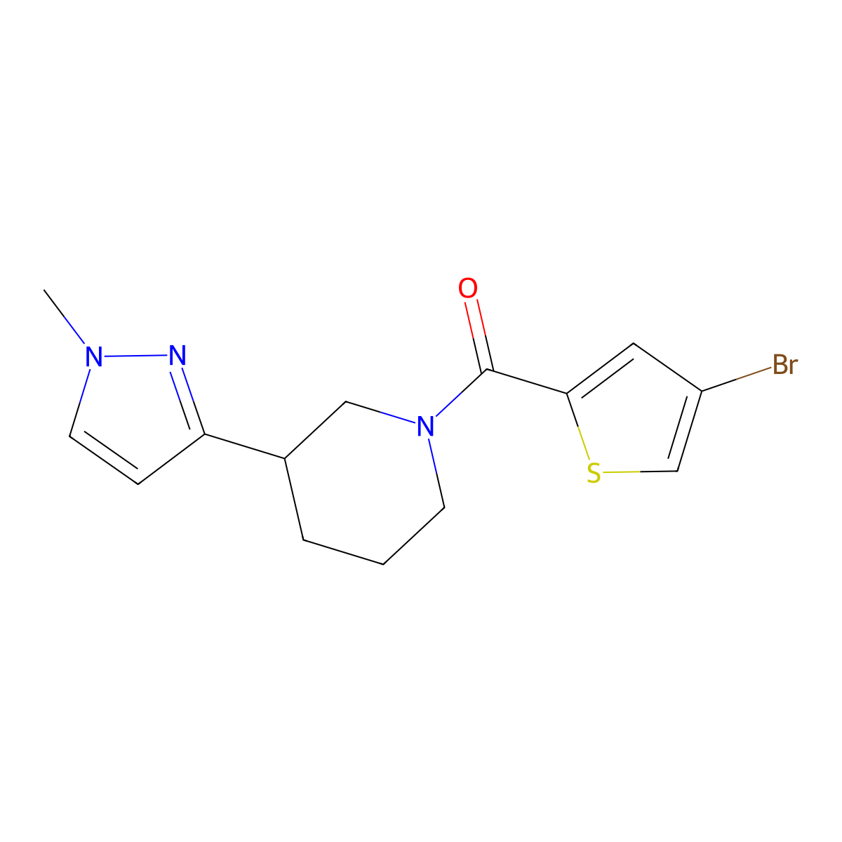 (4-bromothiophen-2-yl)(3-(1-methyl-1H-pyrazol-3-yl)piperidin-1-yl)methanone molecular structure, CAS 2034304-79-3