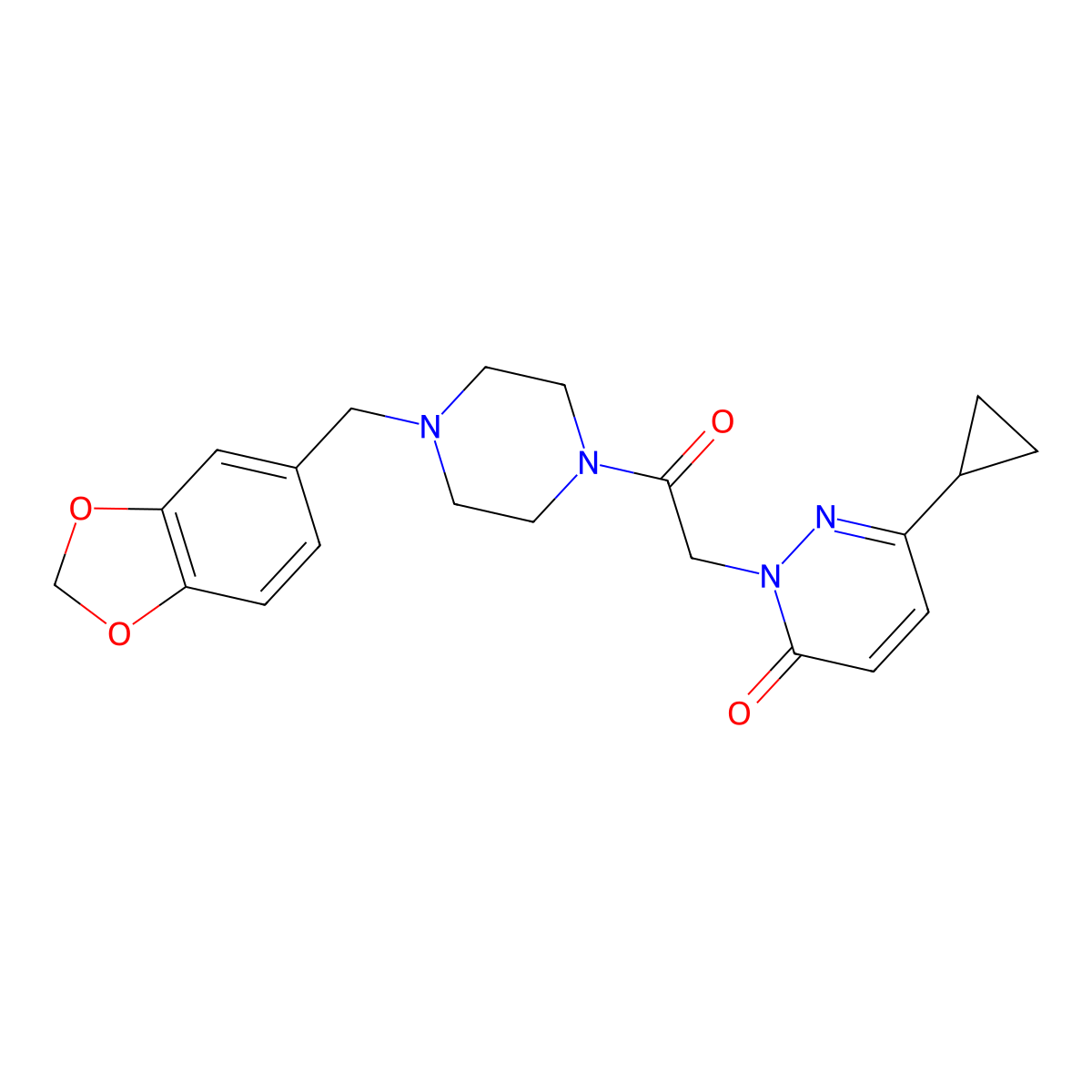 2-(2-(4-(benzo[d][1,3]dioxol-5-ylmethyl)piperazin-1-yl)-2-oxoethyl)-6-cyclopropylpyridazin-3(2H)-one molecular structure, CAS 2034304-96-4