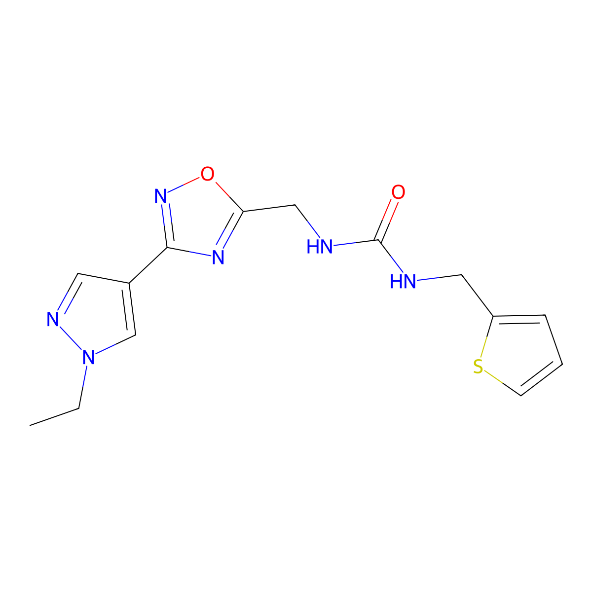 1-((3-(1-ethyl-1H-pyrazol-4-yl)-1,2,4-oxadiazol-5-yl)methyl)-3-(thiophen-2-ylmethyl)urea molecular structure, CAS 2034305-01-4