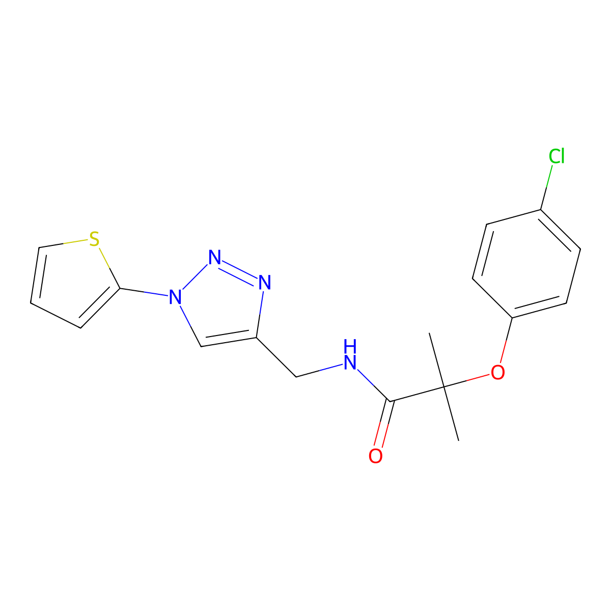 2-(4-chlorophenoxy)-2-methyl-N-{[1-(thiophen-2-yl)-1H-1,2,3-triazol-4-yl]methyl}propanamide molecular structure, CAS 2034305-09-2