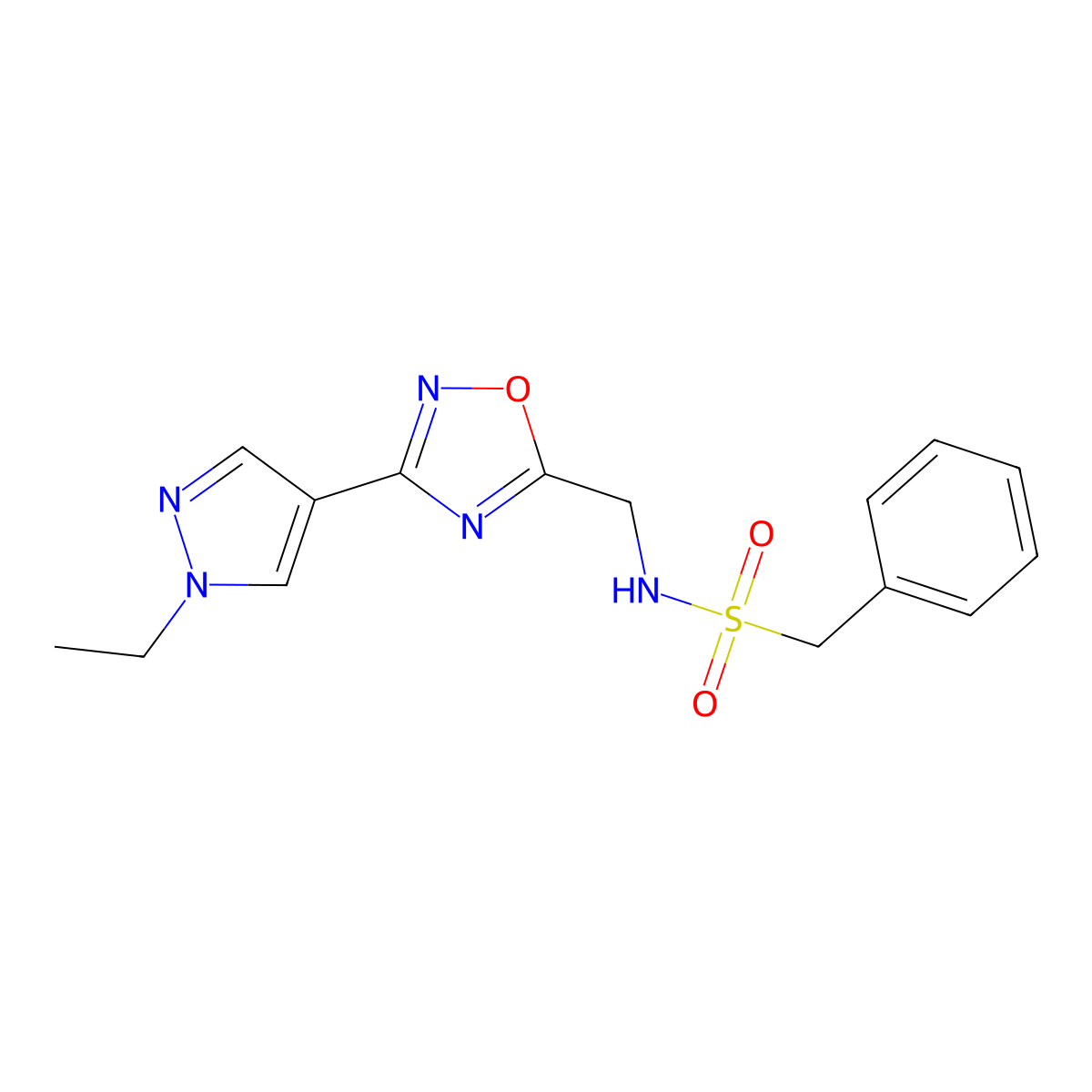 N-{[3-(1-ethyl-1H-pyrazol-4-yl)-1,2,4-oxadiazol-5-yl]methyl}-1-phenylmethanesulfonamide molecular structure, CAS 2034305-11-6