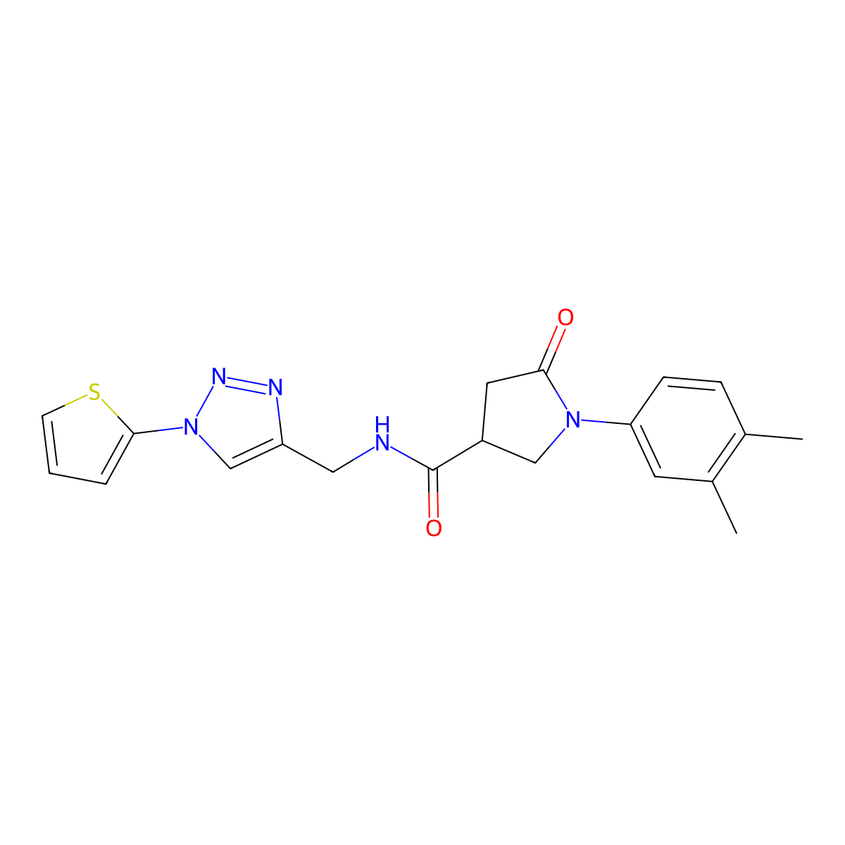1-(3,4-dimethylphenyl)-5-oxo-N-{[1-(thiophen-2-yl)-1H-1,2,3-triazol-4-yl]methyl}pyrrolidine-3-carboxamide molecular structure, CAS 2034305-19-4