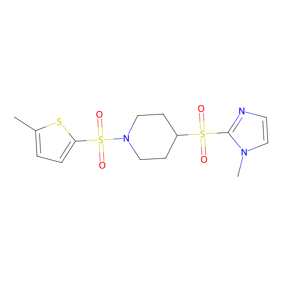 4-[(1-methyl-1H-imidazol-2-yl)sulfonyl]-1-[(5-methylthiophen-2-yl)sulfonyl]piperidine molecular structure, CAS 2034305-21-8