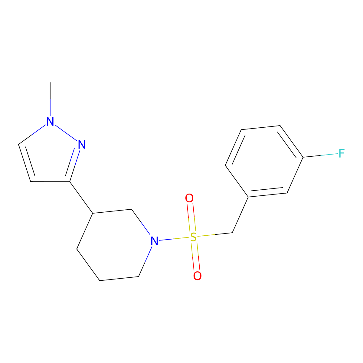 1-((3-fluorobenzyl)sulfonyl)-3-(1-methyl-1H-pyrazol-3-yl)piperidine molecular structure, CAS 2034305-27-4