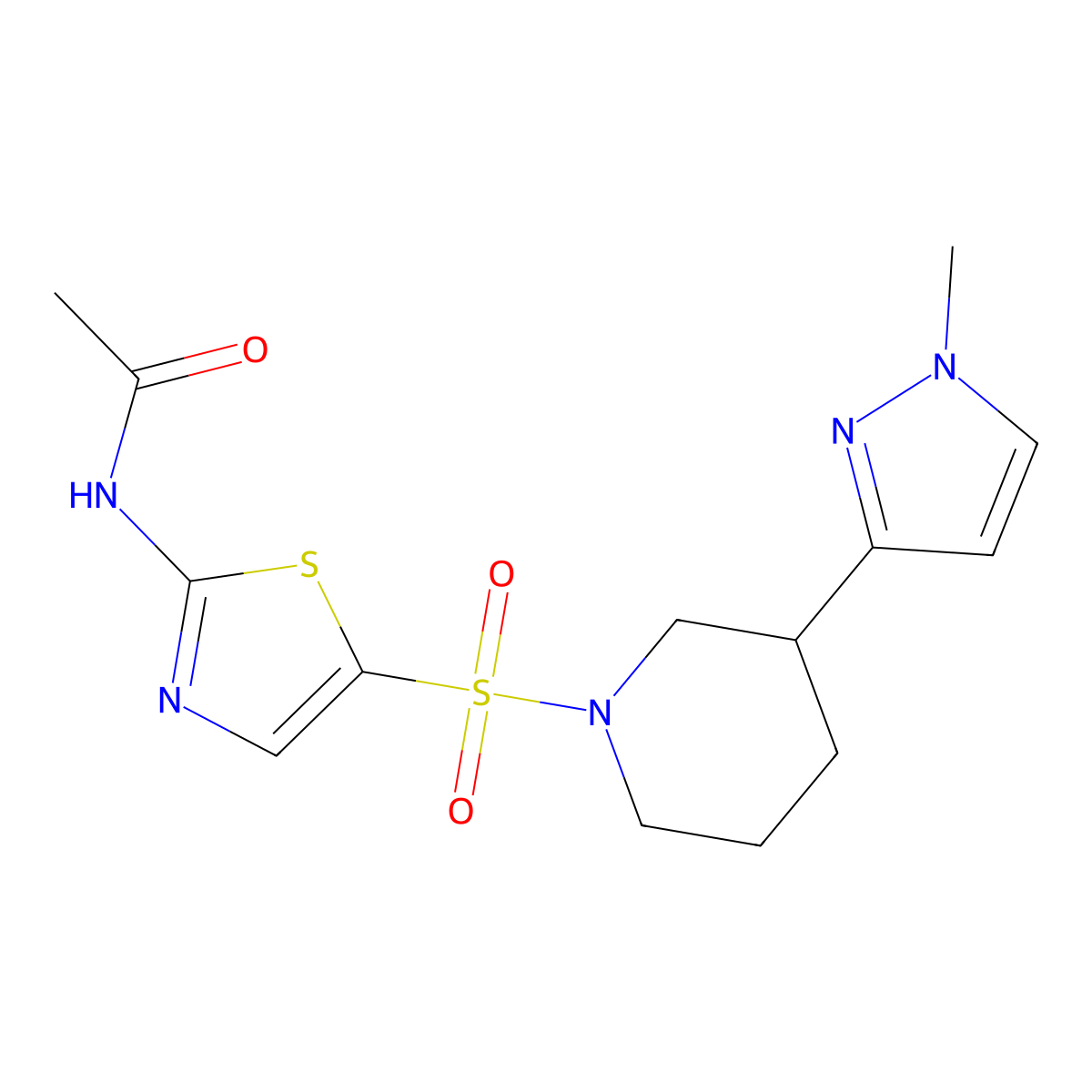 N-(5-((3-(1-methyl-1H-pyrazol-3-yl)piperidin-1-yl)sulfonyl)thiazol-2-yl)acetamide molecular structure, CAS 2034305-41-2