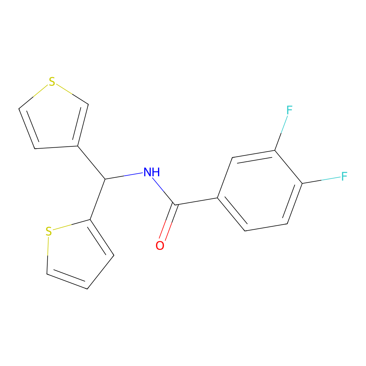 3,4-difluoro-N-(thiophen-2-yl(thiophen-3-yl)methyl)benzamide molecular structure, CAS 2034305-44-5