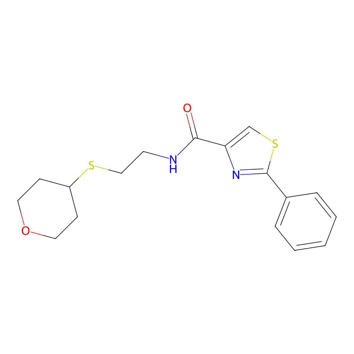 2-phenyl-N-(2-((tetrahydro-2H-pyran-4-yl)thio)ethyl)thiazole-4-carboxamide molecular structure, CAS 2034305-45-6