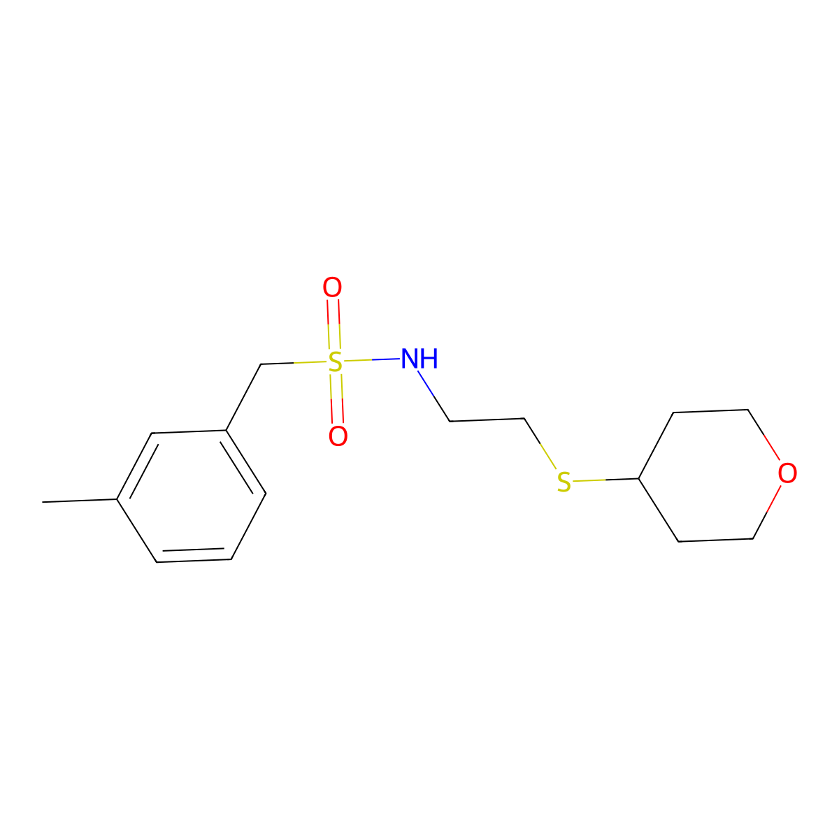 1-(3-methylphenyl)-N-[2-(oxan-4-ylsulfanyl)ethyl]methanesulfonamide molecular structure, CAS 2034305-56-9