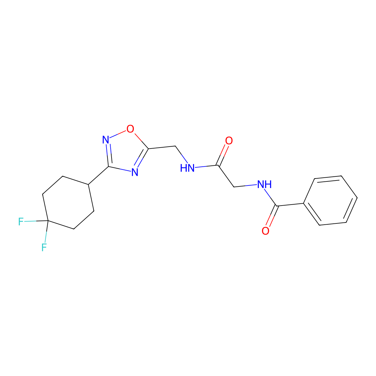 N-(2-(((3-(4,4-difluorocyclohexyl)-1,2,4-oxadiazol-5-yl)methyl)amino)-2-oxoethyl)benzamide molecular structure, CAS 2034305-57-0