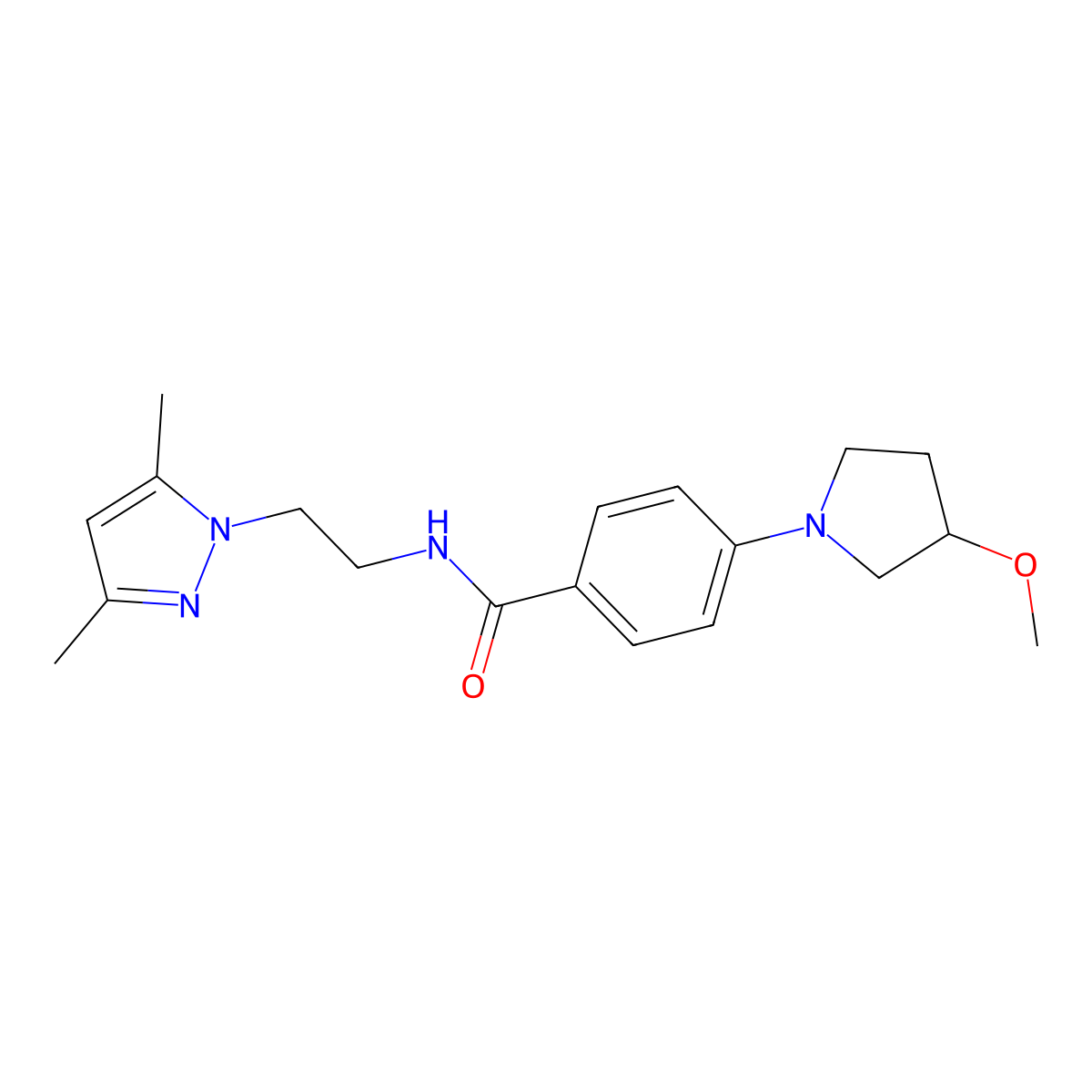 N-[2-(3,5-dimethyl-1H-pyrazol-1-yl)ethyl]-4-(3-methoxypyrrolidin-1-yl)benzamide molecular structure, CAS 2034305-61-6