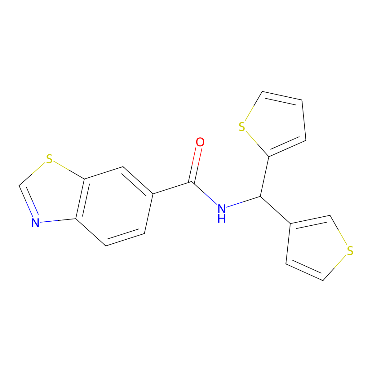 N-(thiophen-2-yl(thiophen-3-yl)methyl)benzo[d]thiazole-6-carboxamide molecular structure, CAS 2034305-64-9