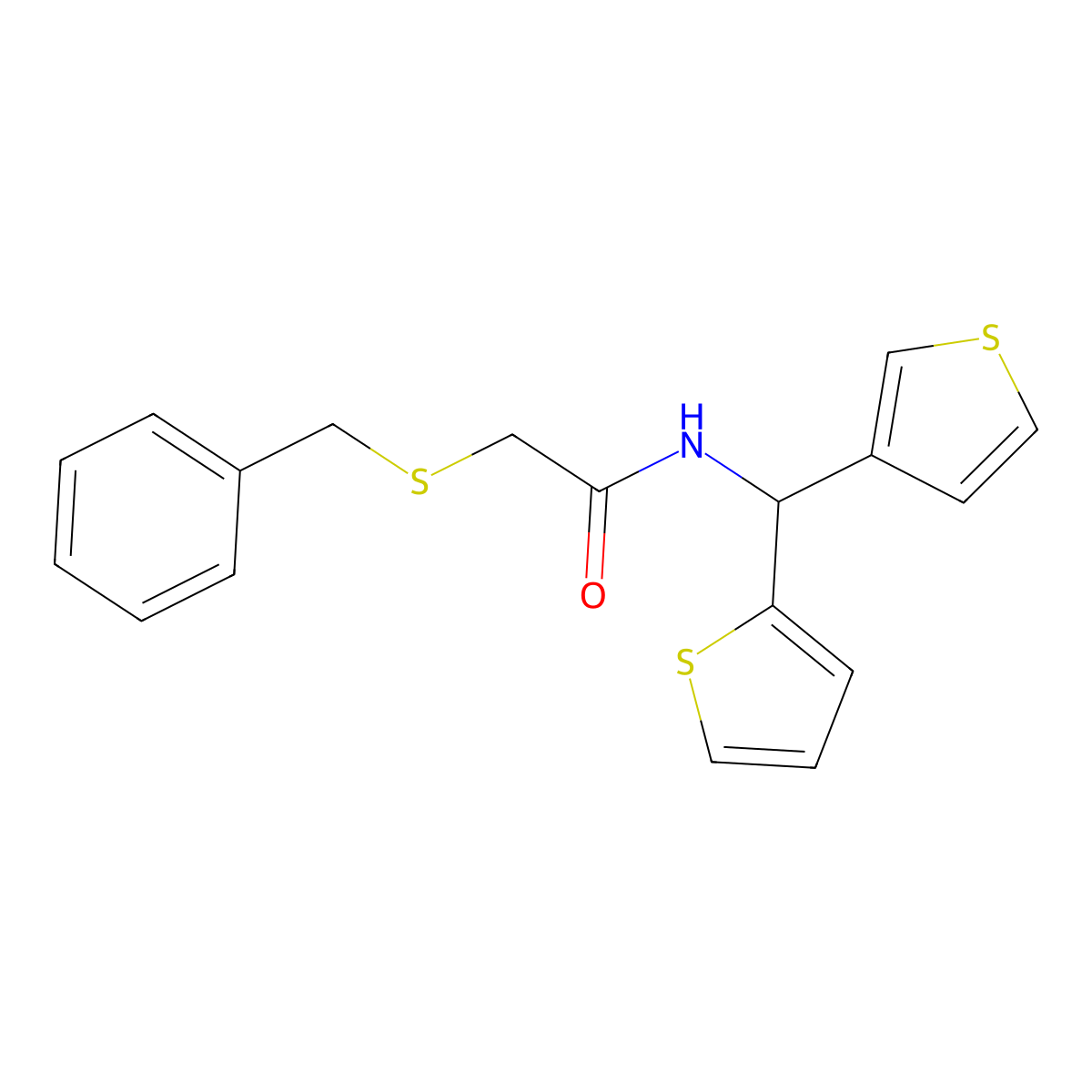 2-(benzylthio)-N-(thiophen-2-yl(thiophen-3-yl)methyl)acetamide molecular structure, CAS 2034305-68-3