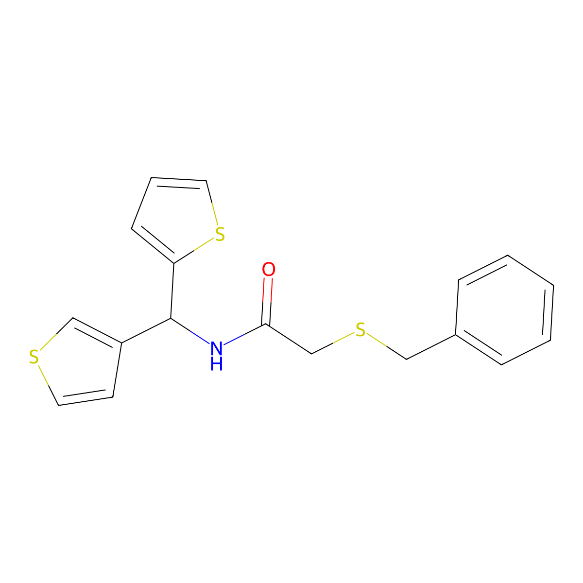 2-(benzylthio)-N-(thiophen-2-yl(thiophen-3-yl)methyl)acetamide molecular structure, CAS 2034305-68-3