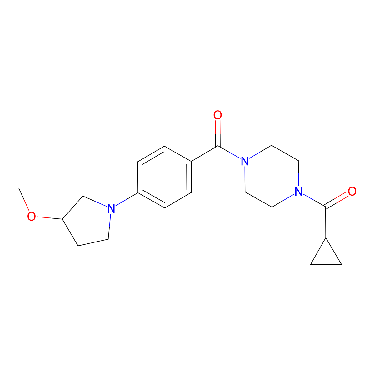 (4-(Cyclopropanecarbonyl)piperazin-1-yl)(4-(3-methoxypyrrolidin-1-yl)phenyl)methanone molecular structure, CAS 2034305-78-5