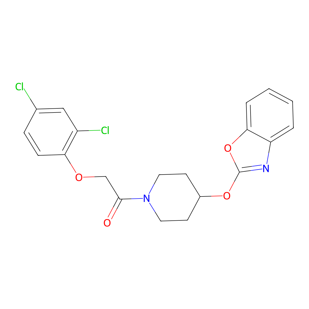 1-(4-(Benzo[d]oxazol-2-yloxy)piperidin-1-yl)-2-(2,4-dichlorophenoxy)ethanone molecular structure, CAS 2034305-79-6