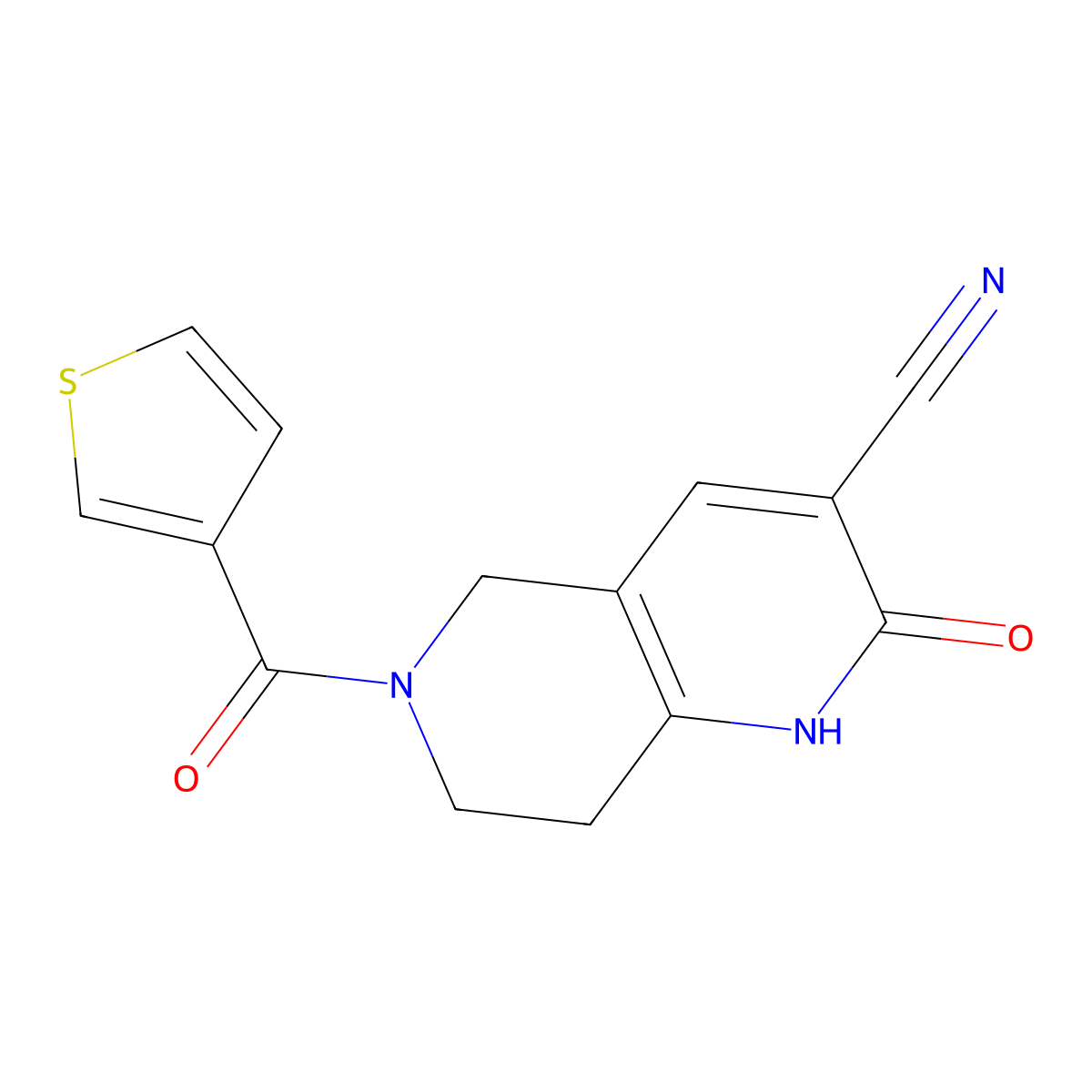 2-Oxo-6-(thiophene-3-carbonyl)-1,2,5,6,7,8-hexahydro-1,6-naphthyridine-3-carbonitrile molecular structure, CAS 2034305-90-1