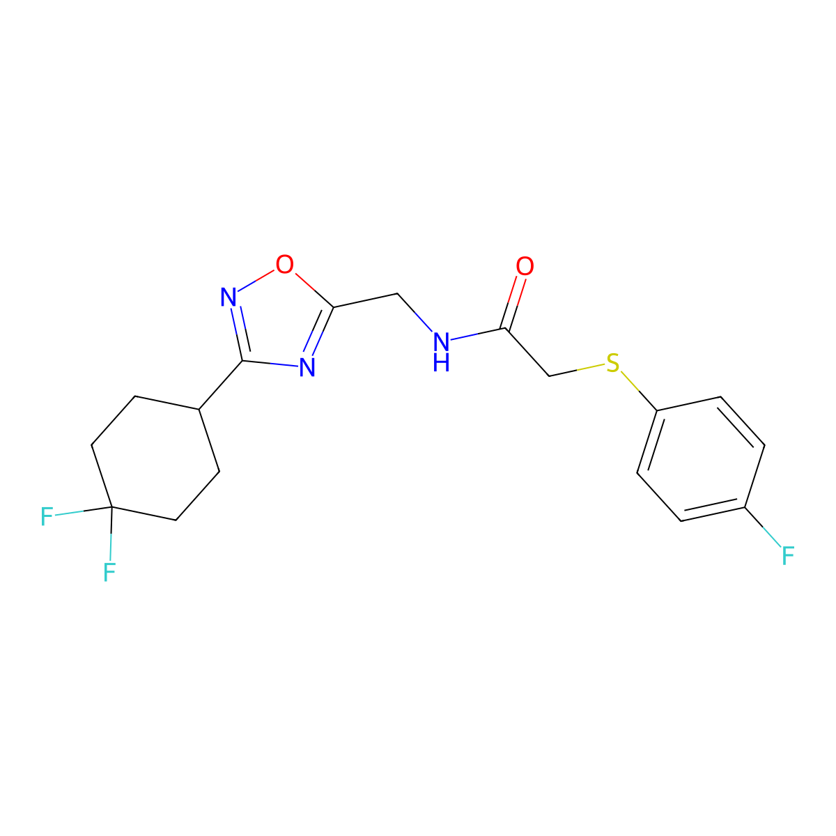 N-((3-(4,4-difluorocyclohexyl)-1,2,4-oxadiazol-5-yl)methyl)-2-((4-fluorophenyl)thio)acetamide molecular structure, CAS 2034305-95-6